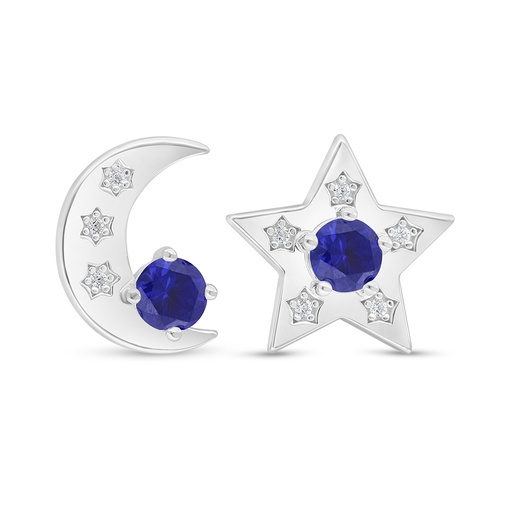 [EAR01SAP00WCZD476] Sterling Silver 925 Earring Rhodium Plated Embedded With Sapphire Corundum And White Zircon
