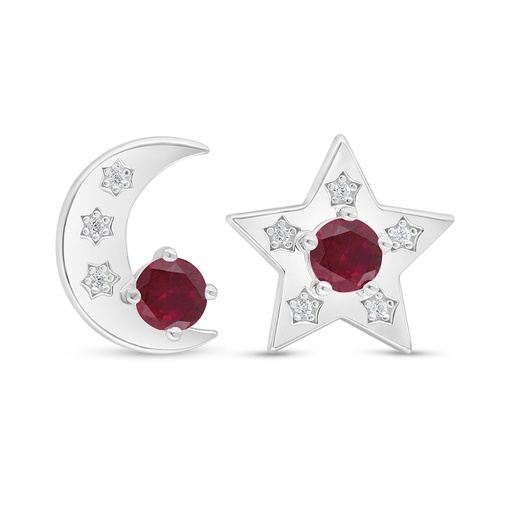 [EAR01RUB00WCZD476] Sterling Silver 925 Earring Rhodium Plated Embedded With Ruby Corundum And White Zircon