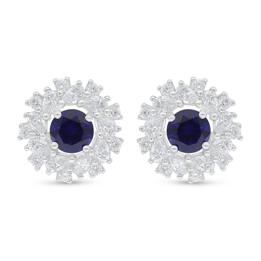 [EAR01SAP00WCZD479] Sterling Silver 925 Earring Rhodium Plated Embedded With Sapphire Corundum And White Zircon