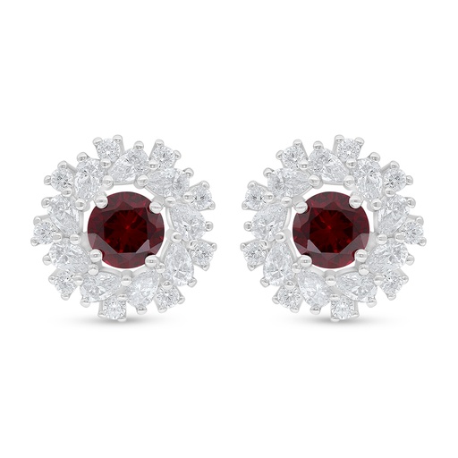 [EAR01RUB00WCZD479] Sterling Silver 925 Earring Rhodium Plated Embedded With Ruby Corundum And White Zircon