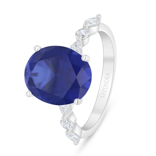 Sterling Silver 925 Ring Rhodium Plated Embedded With Sapphire Corundum And White Zircon