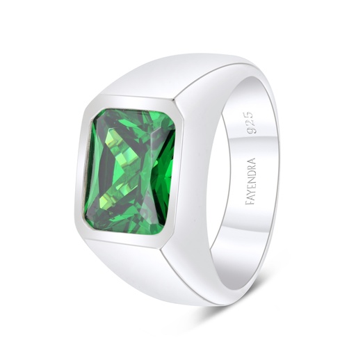 Sterling Silver 925 Ring Rhodium Plated Embedded With Emerald Zircon For Men