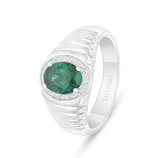 Sterling Silver 925 Ring Rhodium Plated Embedded With Emerald Zircon And White Zircon