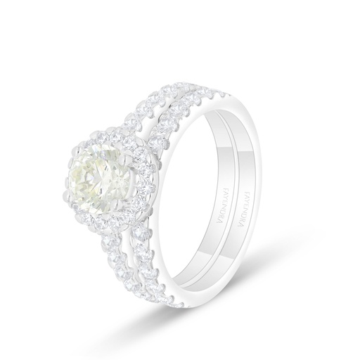 Sterling Silver 925 Ring (Twins) Rhodium Plated  Embedded With Yellow Diamond And White Zircon