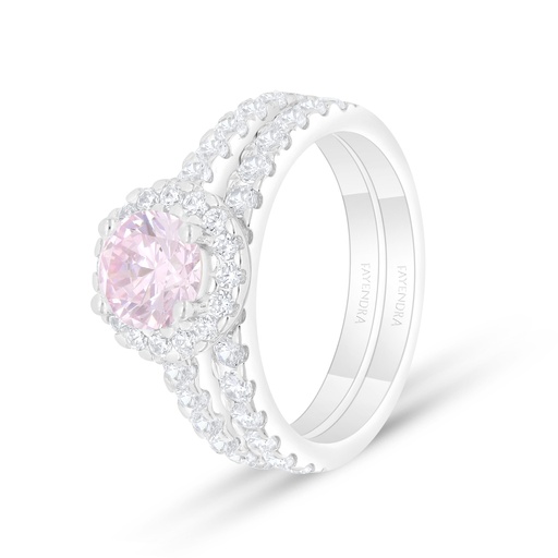 Sterling Silver 925 Ring (Twins) Rhodium Plated Embedded With Pink Zircon And White Zircon