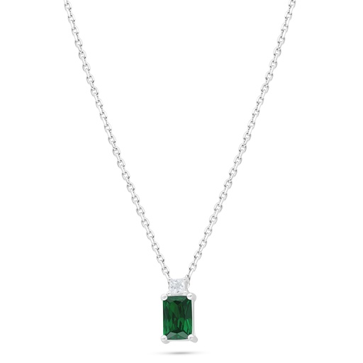 [NCL01EMR00WCZC430] Sterling Silver 925 Necklace Rhodium Plated Embedded With Emerald Zircon And White Zircon