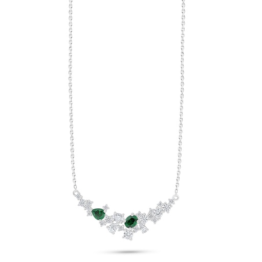 [NCL01EMR00WCZC526] Sterling Silver 925 Necklace Rhodium Plated Embedded With Emerald Zircon And White Zircon