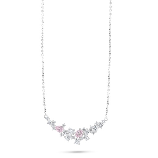 [NCL01PIK00WCZC526] Sterling Silver 925 Necklace Rhodium Plated Embedded With Pink Zircon And White Zircon