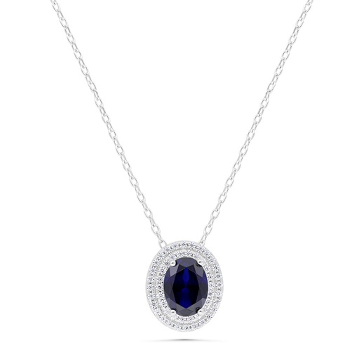 [NCL01SAP00WCZC551] Sterling Silver 925 Necklace Rhodium Plated Embedded With Sapphire Corundum And White Zircon