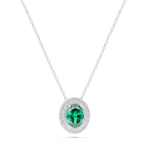 [NCL01EMR00WCZC551] Sterling Silver 925 Necklace Rhodium Plated Embedded With Emerald Zircon And White Zircon