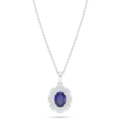 [NCL01SAP00WCZC552] Sterling Silver 925 Necklace Rhodium Plated Embedded With Sapphire Corundum And White Zircon