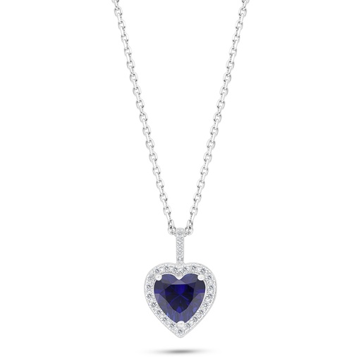 [NCL01SAP00WCZC553] Sterling Silver 925 Necklace Rhodium Plated Embedded With Sapphire Corundum And White Zircon