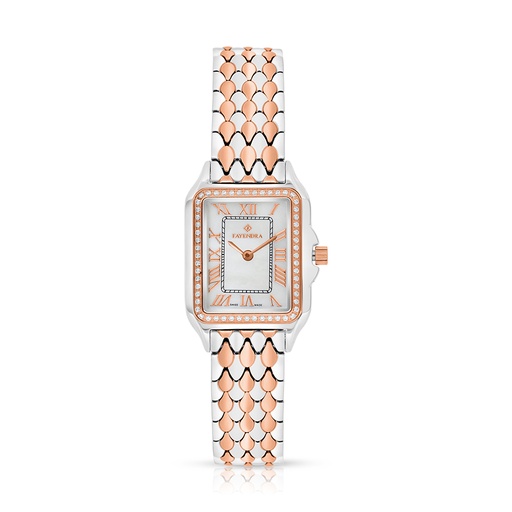 [WAT35WCZ00MOPW128] Stainless Steel 316L Watch Silver And Rose Golden Color With White Zircon - white MOP dial 