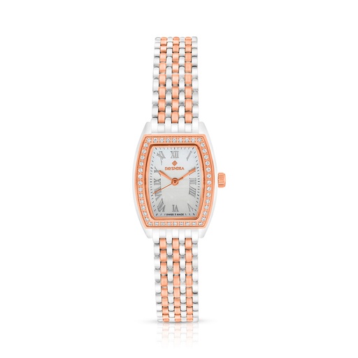 [WAT35WCZ00MOPW129] Stainless Steel 316L Watch Silver And Rose Golden Color With White Zircon - white MOP dial 