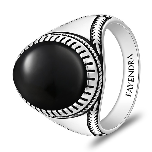 Sterling Silver 925 Ring Rhodium And Black Plated Embedded With Natural Black Agate Cabochon For Men