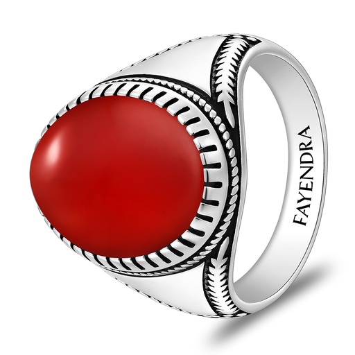 Sterling Silver 925 Ring Rhodium And Black Plated Embedded With Red Agate Cabochon For Men