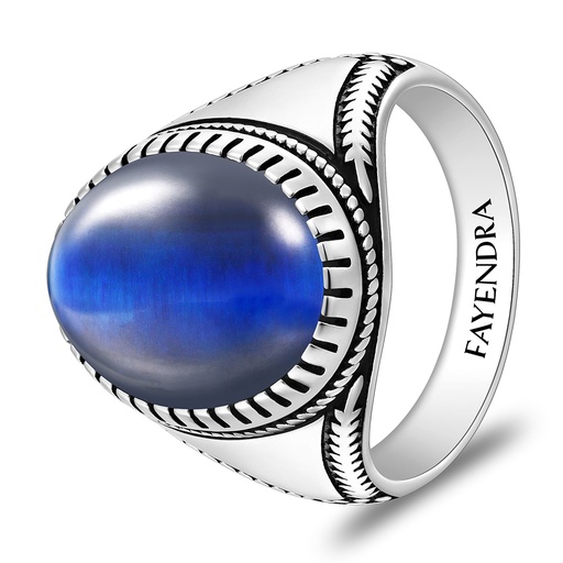 Sterling Silver 925 Ring Rhodium And Black Plated Embedded With Blue Tiger Eye Cabochon For Men