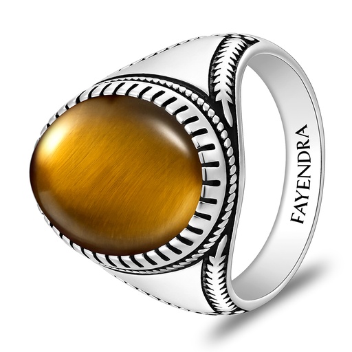 Sterling Silver 925 Ring Rhodium And Black Plated Embedded With Yellow Tiger Eye Cabochon For Men