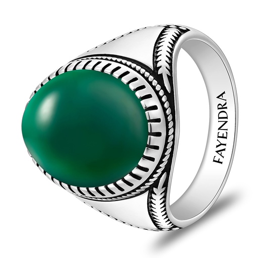 Sterling Silver 925 Ring Rhodium And Black Plated Embedded With Green Agate Cabochon For Men