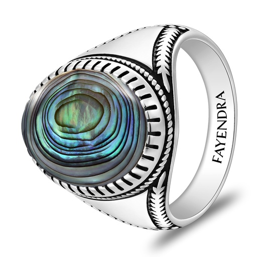 Sterling Silver 925 Ring Rhodium And Black Plated Embedded With Blue Shell Cabochon For Men