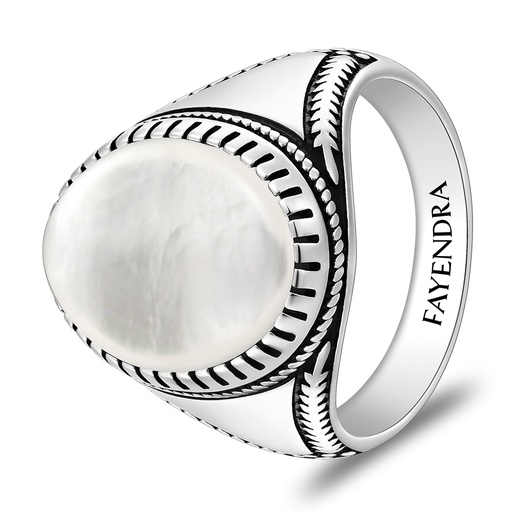Sterling Silver 925 Ring Rhodium And Black Plated Embedded With White Shell Cabochon For Men