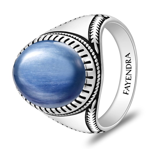 Sterling Silver 925 Ring Rhodium And Black Plated Embedded With Natural Kyanite Cabochon For Men