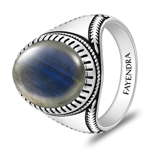 Sterling Silver 925 Ring Rhodium And Black Plated Embedded With Labradorite Opal Cabochon For Men