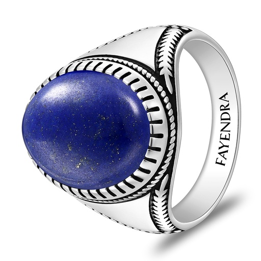 Sterling Silver 925 Ring Rhodium And Black Plated Embedded With Lapis Cabochon For Men