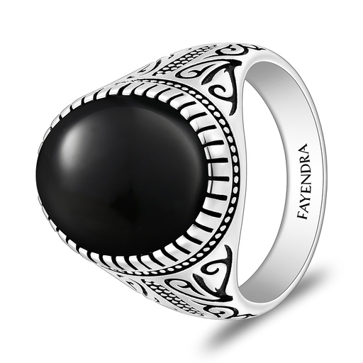 Sterling Silver 925 Ring Rhodium And Black Plated Embedded With Natural Black Agate Cabochon For Men