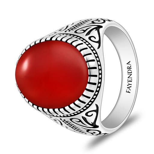 Sterling Silver 925 Ring Rhodium And Black Plated Embedded With Red Agate Cabochon For Men