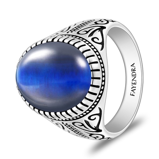 Sterling Silver 925 Ring Rhodium And Black Plated Embedded With Blue Tiger Eye Cabochon For Men