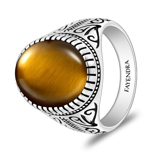 Sterling Silver 925 Ring Rhodium And Black Plated Embedded With Yellow Tiger Eye Cabochon For Men