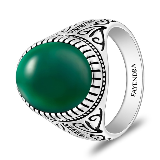 Sterling Silver 925 Ring Rhodium And Black Plated Embedded With Green Agate Cabochon For Men