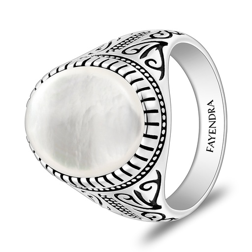 Sterling Silver 925 Ring Rhodium And Black Plated Embedded With White Shell Cabochon For Men