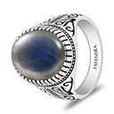 Sterling Silver 925 Ring Rhodium And Black Plated Embedded With Labradorite Opal Cabochon For Men
