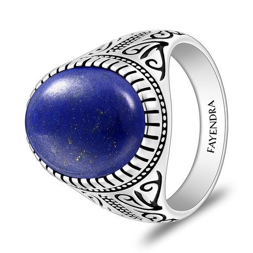 Sterling Silver 925 Ring Rhodium And Black Plated Embedded With Lapis Cabochon For Men
