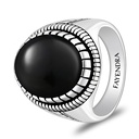 Sterling Silver 925 Ring Rhodium And Black Plated Embedded With Natural Black Agate Cabochon For Men