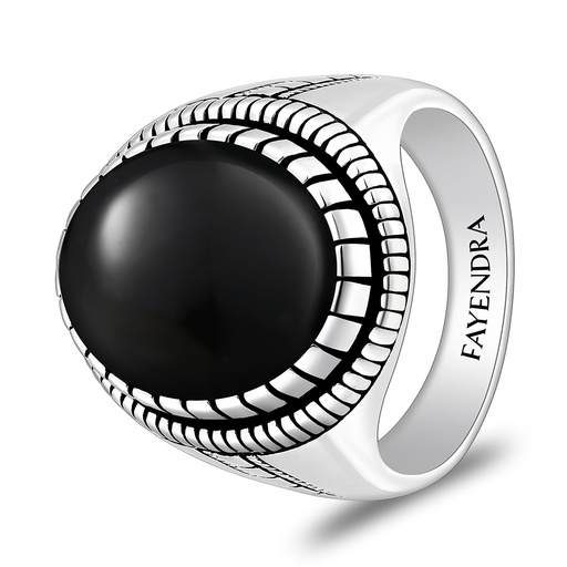 Sterling Silver 925 Ring Rhodium And Black Plated Embedded With Natural Black Agate Cabochon For Men
