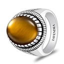 Sterling Silver 925 Ring Rhodium And Black Plated Embedded With Yellow Tiger Eye Cabochon For Men