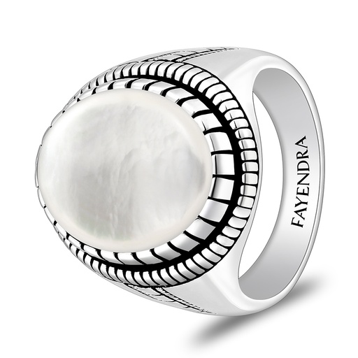 Sterling Silver 925 Ring Rhodium And Black Plated Embedded With White Shell Cabochon For Men