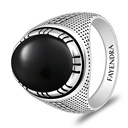 Sterling Silver 925 Ring Rhodium And Black Plated Embedded With Natural Black Agate Cabochon For Men