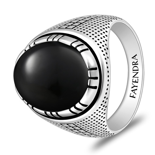 Sterling Silver 925 Ring Rhodium And Black Plated Embedded With Natural Black Agate Cabochon For Men