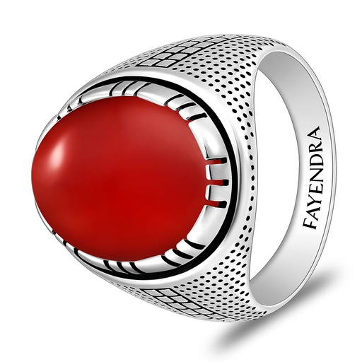 Sterling Silver 925 Ring Rhodium And Black Plated Embedded With Red Agate Cabochon For Men