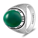 Sterling Silver 925 Ring Rhodium And Black Plated Embedded With Green Agate Cabochon For Men