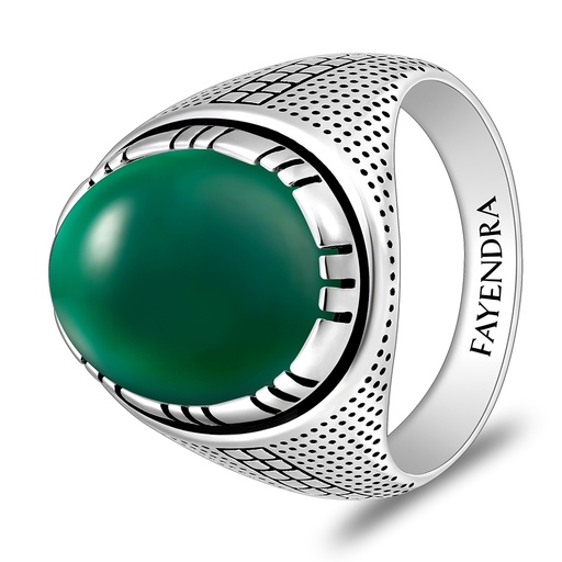 Sterling Silver 925 Ring Rhodium And Black Plated Embedded With Green Agate Cabochon For Men