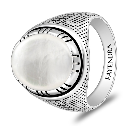 Sterling Silver 925 Ring Rhodium And Black Plated Embedded With White Shell Cabochon For Men