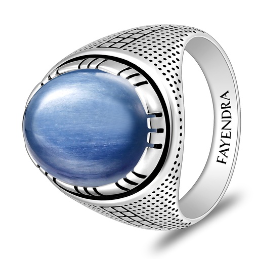 Sterling Silver 925 Ring Rhodium And Black Plated Embedded With Natural Kyanit Cabochon For Men