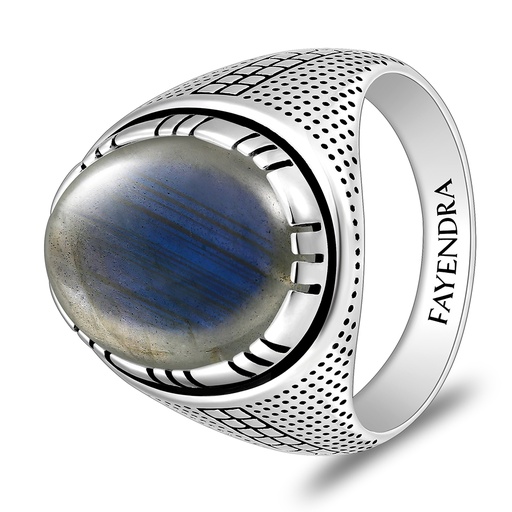 Sterling Silver 925 Ring Rhodium And Black Plated Embedded With Labradorite Opal Cabochon For Men