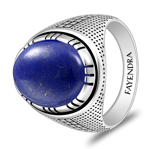 Sterling Silver 925 Ring Rhodium And Black Plated Embedded With Lapis Cabochon For Men