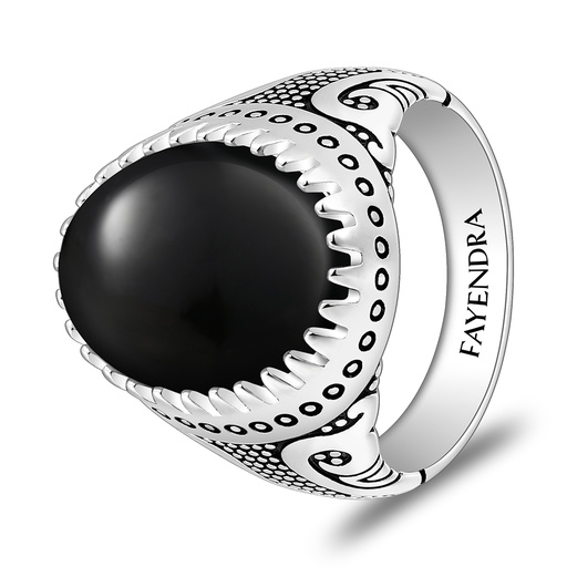 Sterling Silver 925 Ring Rhodium And Black Plated Embedded With Natural Black Agate Cabochon For Men